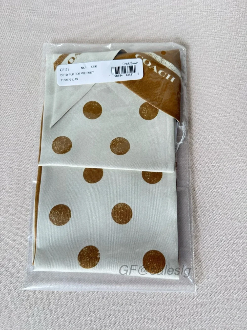 NWT Coach Distressed Dot Print Silk Wide Skinny Scarf Chalk/Brown CFI21